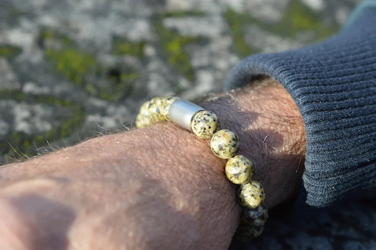 heren armband Magneet Ché, Dalmatier Jaspis gemêleerd groen, staal magneetsluiting staal lichtgrijs