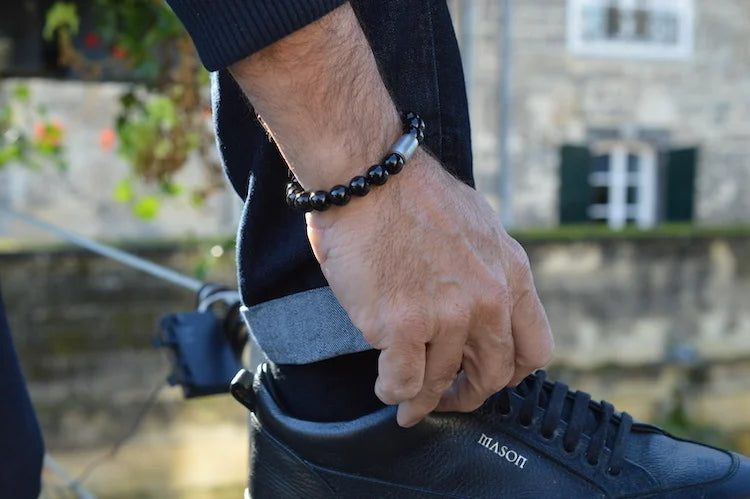 heren armband Magneet Ebere, agaat zwart, magneet staal lichtgrijs