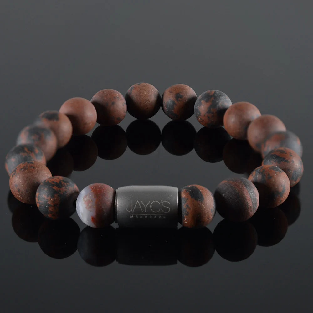 heren armband Magneet Kevan, mat mix bruin/rood, staal magneetsluiting staal lichtgrijs