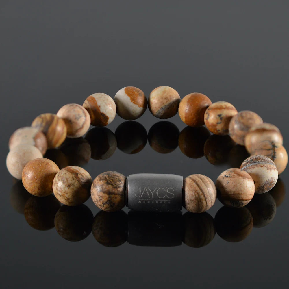 heren armband Magneet Rayder, Jaspis mat mix zandkleuren, staal magneetsluiting staal lichtgrijs