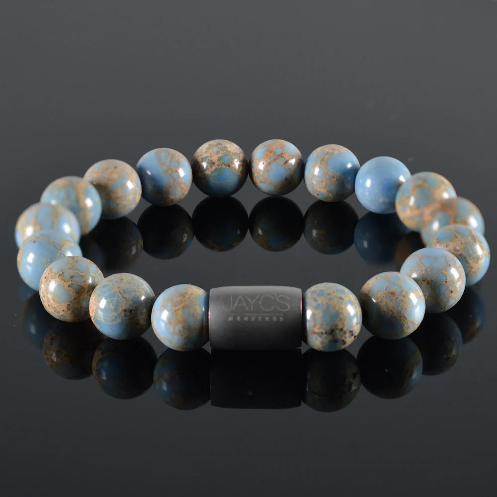 heren armband Magneet Xaro, Sediment Jaspis lichtblauw gemêleerd, staal magneetsluiting staal lichtgrijs