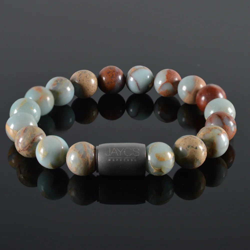 heren armband Magneet Caleb, Shoushan gemêleerd groen, staal magneetsluiting staal lichtgrijs