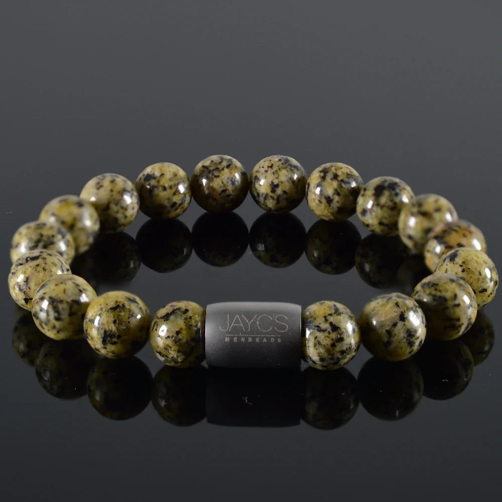 heren armband Magneet Ché, Dalmatier Jaspis gemêleerd groen, staal magneetsluiting staal lichtgrijs