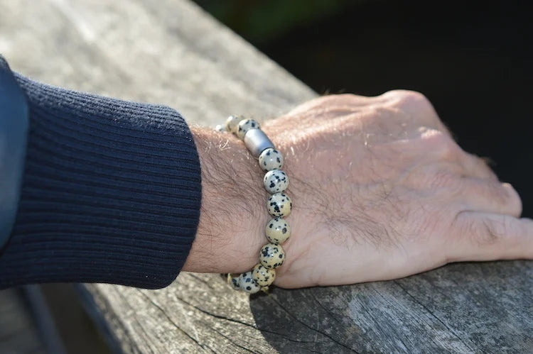 heren armband Magneet Emre, Jaspis gemêleerd groen, staal magneetsluiting staal lichtgrijs