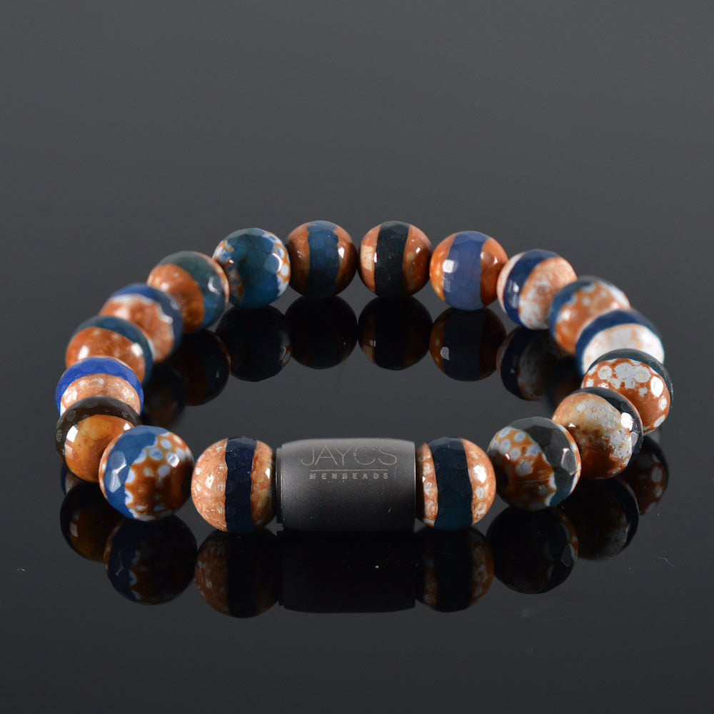 heren armband Magneet Matthos, facet mix blauw, staal magneetsluiting staal lichtgrijs