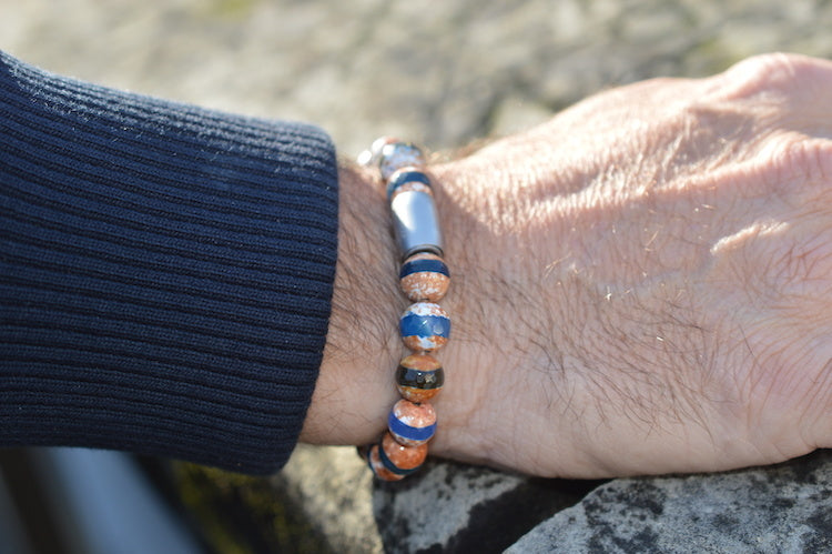 heren armband Magneet Matthos, facet mix blauw, staal magneetsluiting staal lichtgrijs