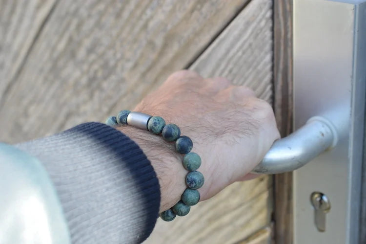 heren armband Magneet Stannis, Eldariet mat mix donkergroen, staal magneetsluiting staal lichtgrijs