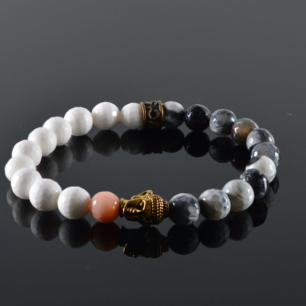 dames armband Banana, facet wit, mix wit/grijs, facet roze, stalen bronskleur buddha