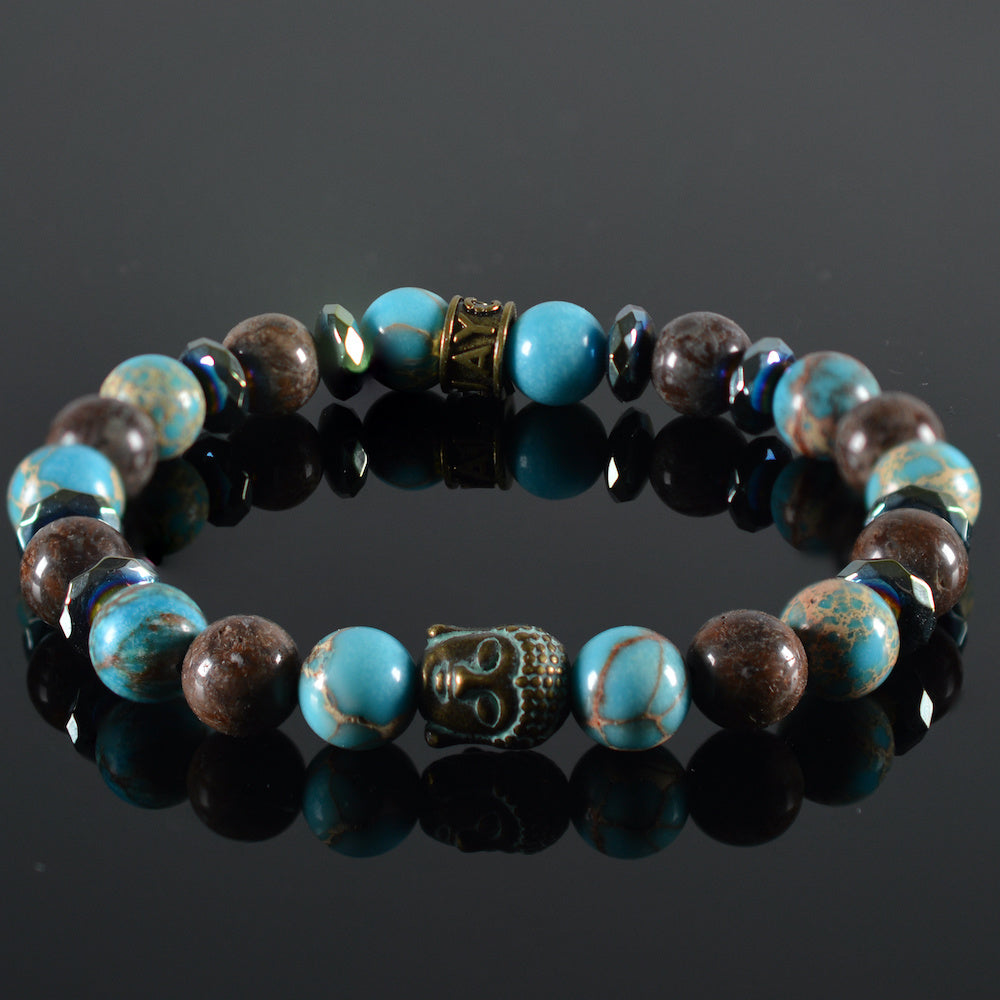 dames armband Emma, gemeleerd lichtblauw, hematiet lichtblauw, gemeleerd bruin, stalen groen/blauw buddha,