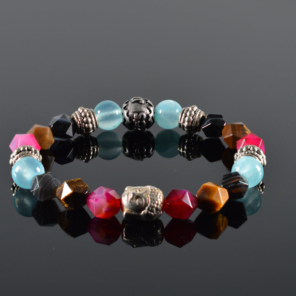 dames armband Flower, facet fuchsia, tiger-eye, lichtblauw, sier stalen tussenstukken, zilverkleur Buddha, staalkleur JayC's tussenstuk
