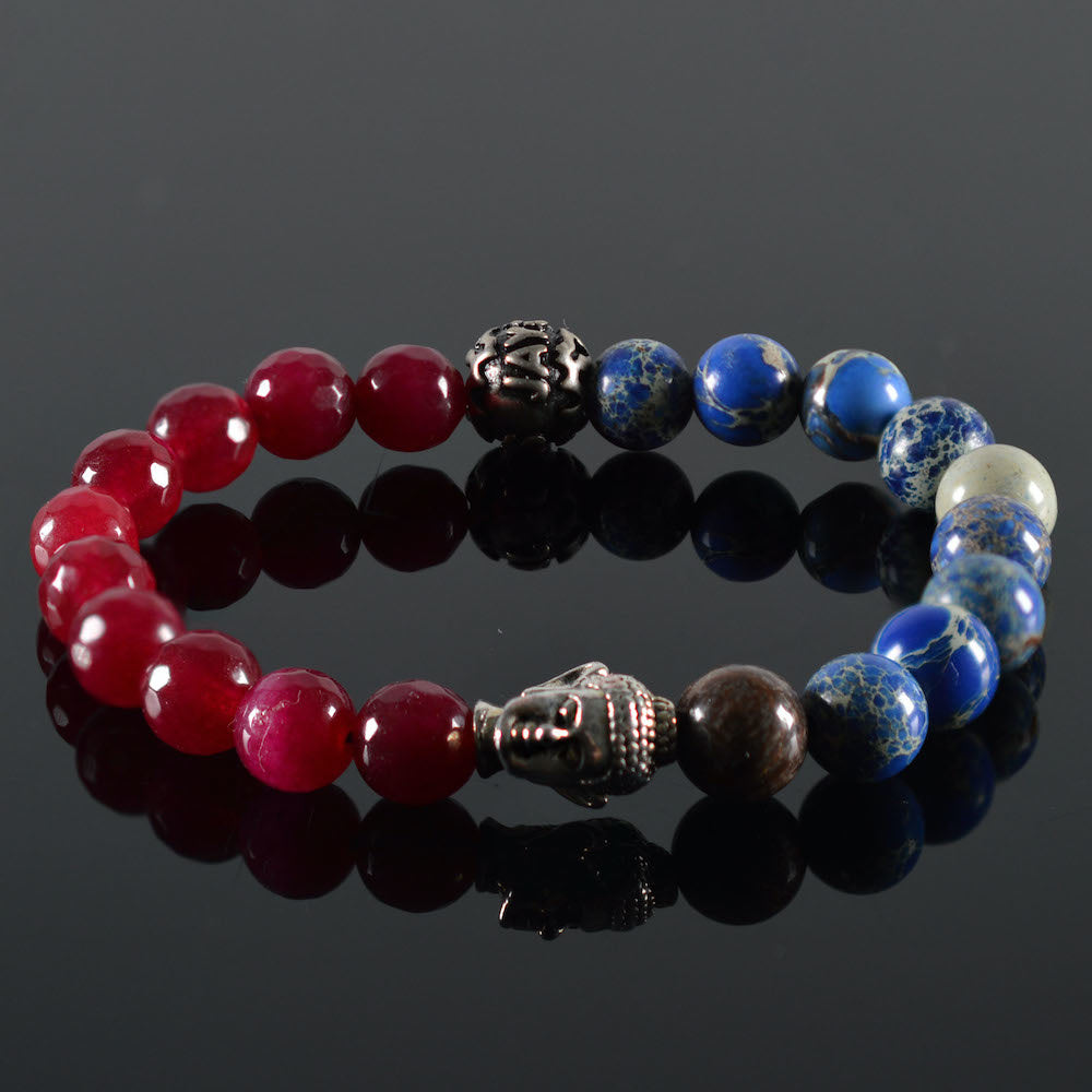 dames armband Yara, facet fuchsia, gemêleerd bruin, gemêleerd blauw, zilverkleur Buddha, JayC's tussenstuk