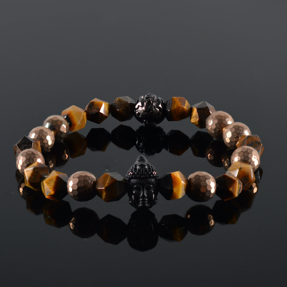 dames armband Artina Buddha, tiger-eye facet, facet hematiet rosegoud, zwart stalen Buddha, stalen tussenbedel gunmetal zwart JayC's,