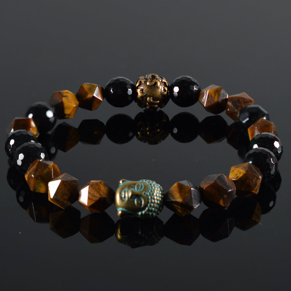 dames armband Buddha Chestna, facet tiger-eye, facet zwart, stalen ronde brons bedel JayC's , stalen bronskleur Buddha,