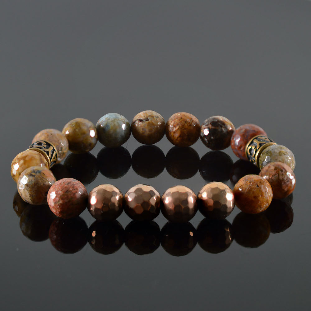  dames armband  Chantain, facet rose goud,facet gemeleerd beige zandkleuren,  stalen brons tussenstuk  