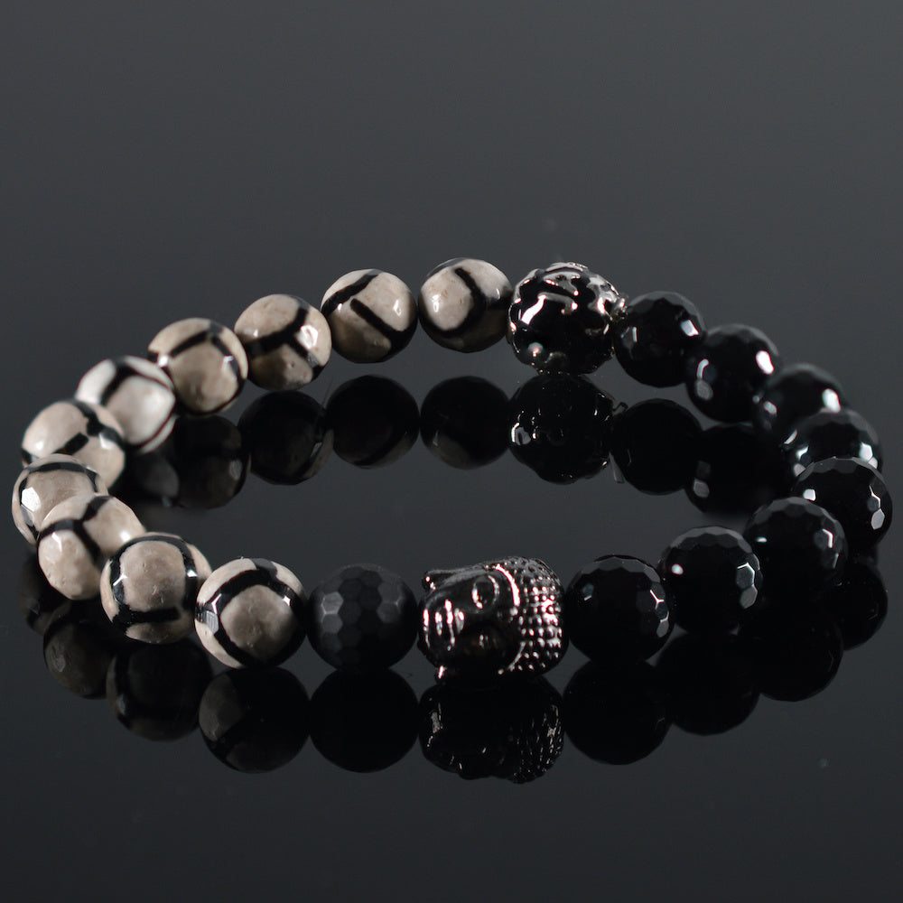 dames armband Dandy Buddha, facet zwart, facet zwart/wit, tiger-eye mat, stalen bedel zwart Buddha, JayC's zwarte ronde tussenstuk