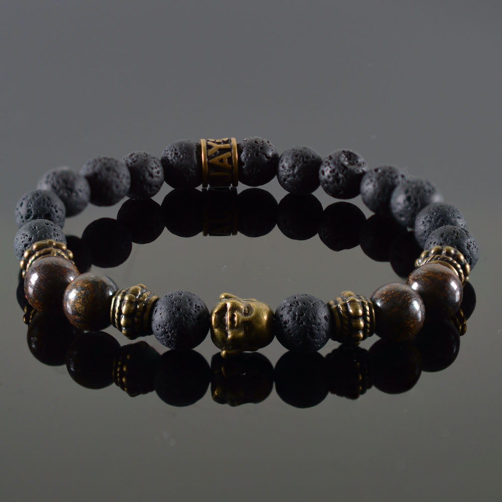unisex dames armband Douvle, lava zwart, bruin, bronskleur tussenstukken, stalen bronskleur bedel Buddha