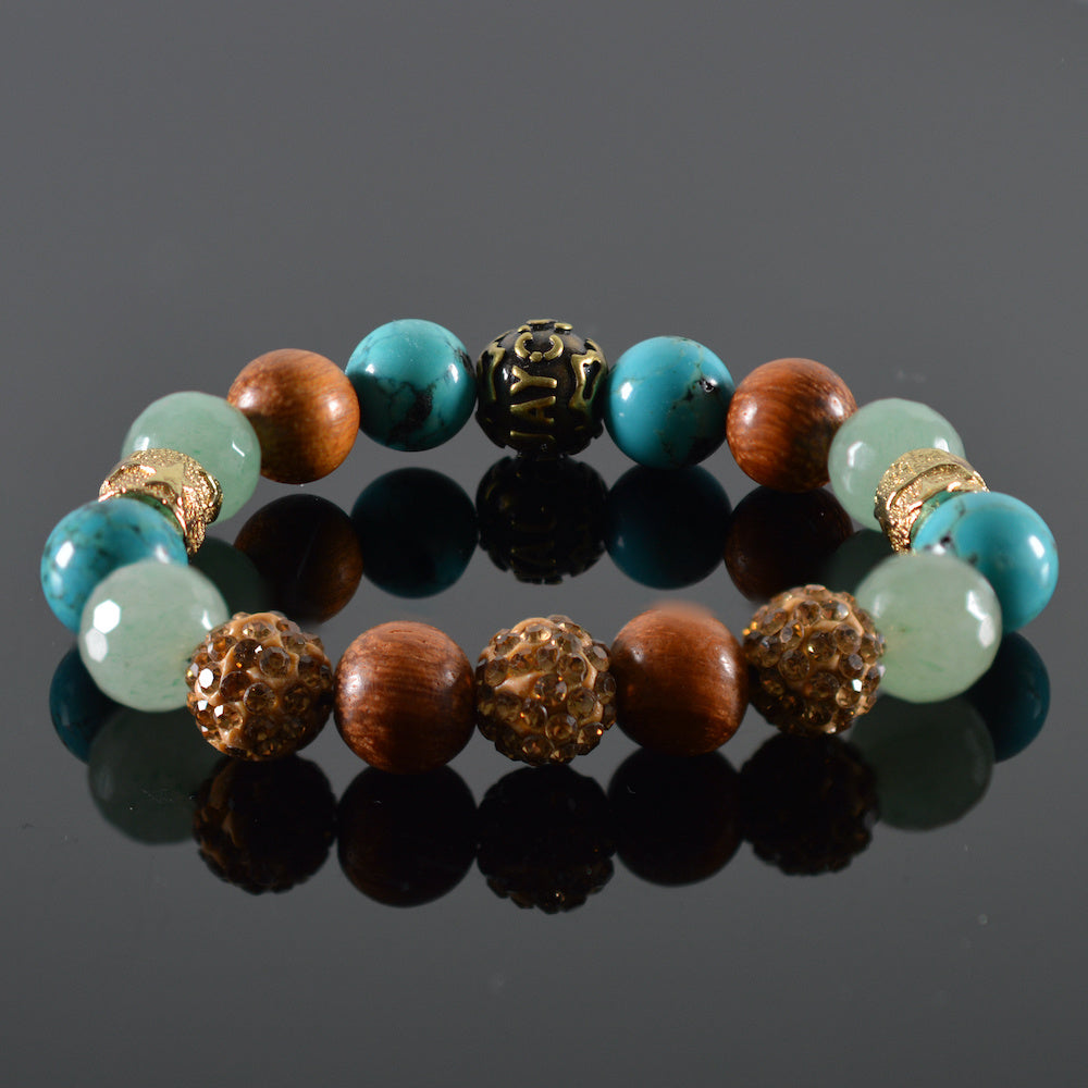 dames armband Emerald, blauw gemeleerd groen, houtkleur, Swarosvki bedels, goudkleurige tussenstukken