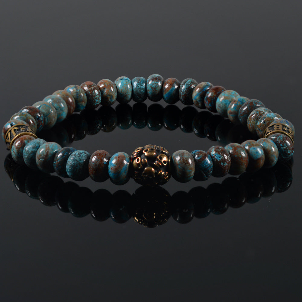   heren armband Avery, gemeleerd blauw, stalen bedel goudkleur Skull-Schedel 