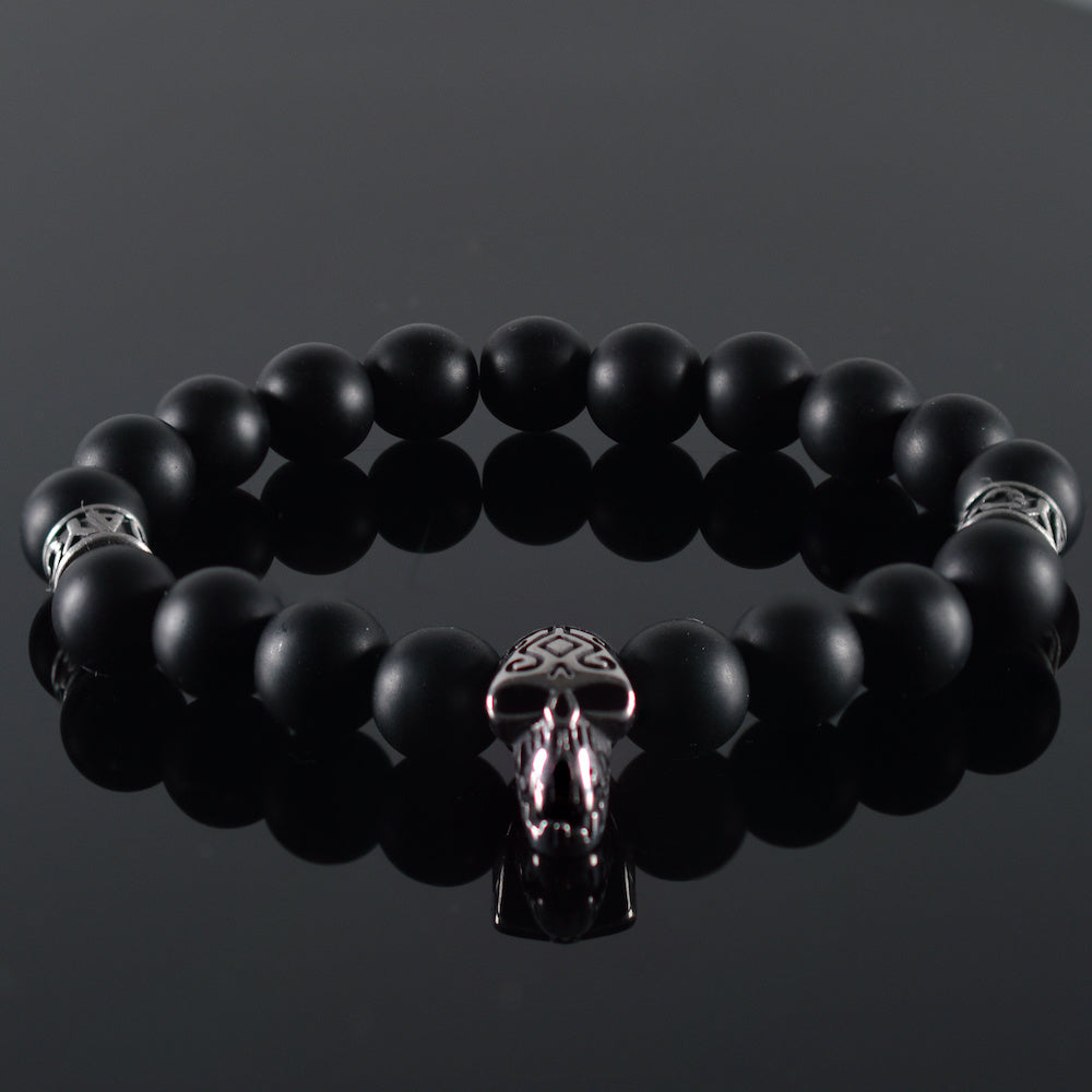 heren armband Black Invite, mat facet agaat zwart, JayC's roestvrij stalen tussenstukken,stalen bedel Skull-Schedel