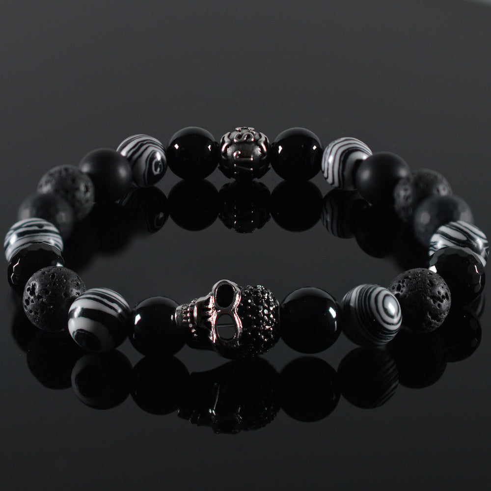   heren armband Destino, gemeleerd zwart/wit, lavasteen, facet zwart, mat zwart, zwart, stalen bedel Doodshoofd 