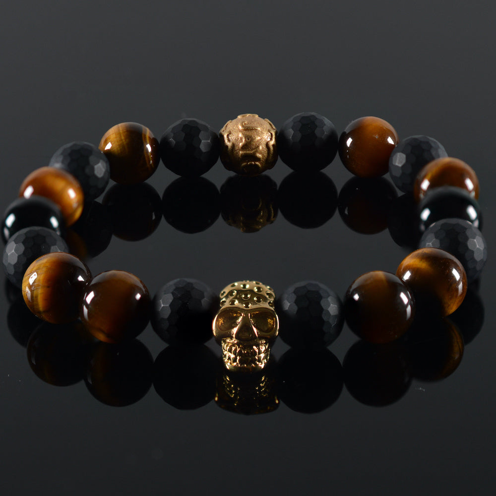 heren Donald, facet zwart, tiger-eye, stalen goudkleur bedel Skull