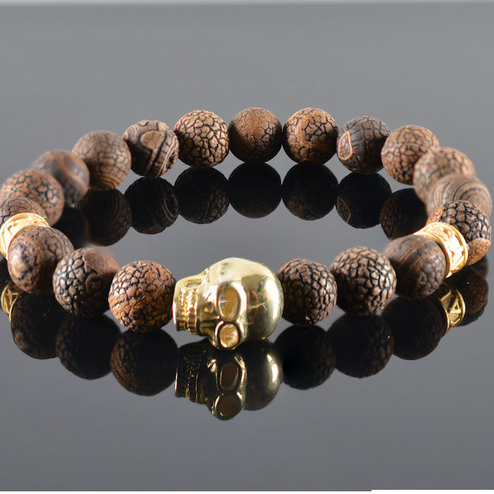 heren armband Douglas Skull mix antique bruin, goudkleurige tussenstukken JayC's, goudkleurige bedel Skull-Schedel,