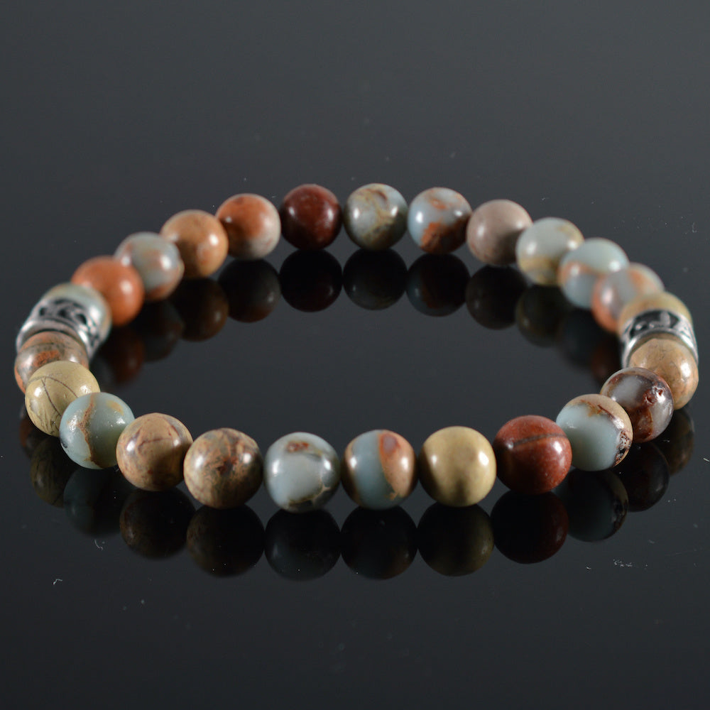   heren armband Earth,  terra jaspis gemeleerd lichtgroen , beige,bruin, zandkleur, goud/zwart tussenstukken 