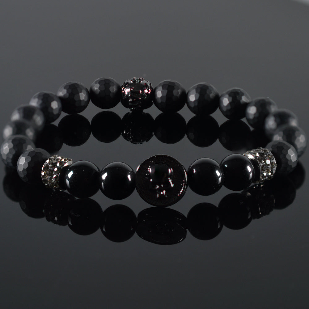  heren armband Gitgit,  zwart agaat,  mat facet zwart onyx, rond zwarte Skull bedel 