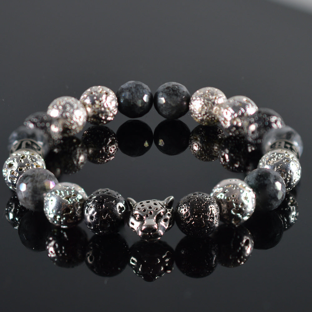 heren armband Madre Panter, lava zilverkleur, lava donkergrijs, facet grijs, stalen bedel panter, roestvrij staal tussenstuk JayC's