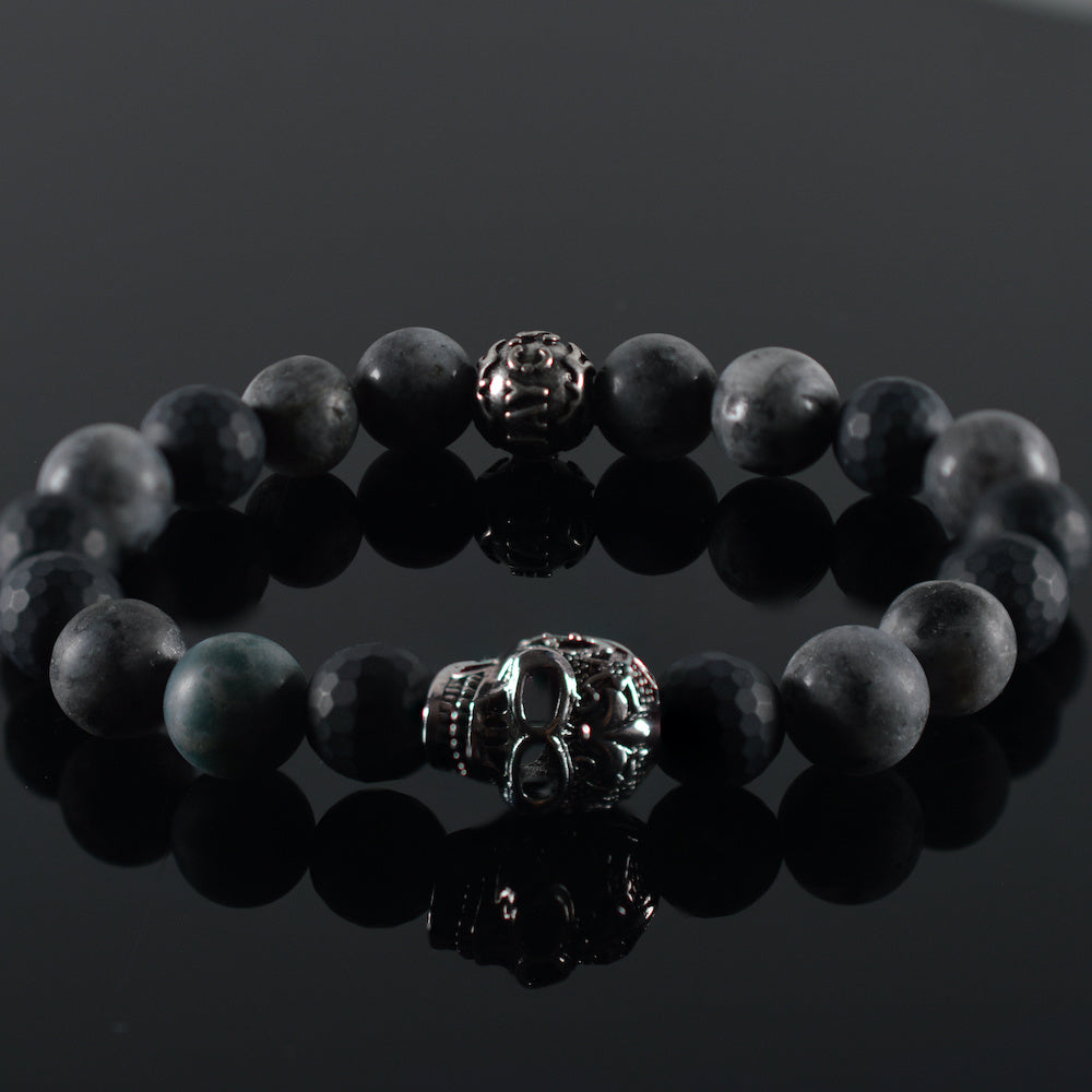   heren armband Mc Queen, facet zwart, mat grijs,   stalen bedel skull 