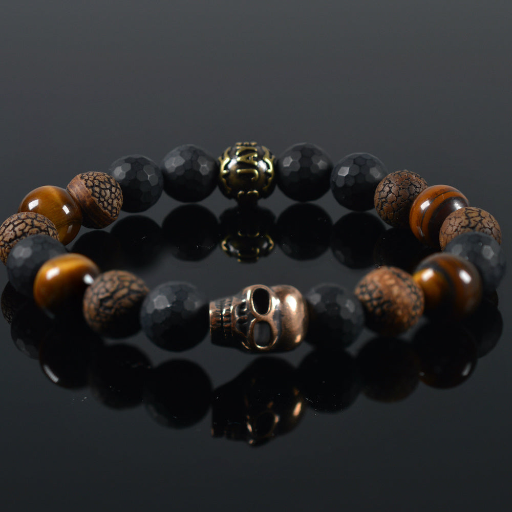heren armband Meidera Skull, facet zwart, tiger-eye, antique bruin, bruingoudkleurige bedel Skull-Schedel,