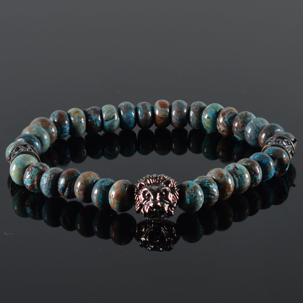   heren armband Moustache, gemeleerd blauw, stalen bedel zwart Lionhead-Leeuwenkop, gunmetal kleur JayC's tussenstukken 