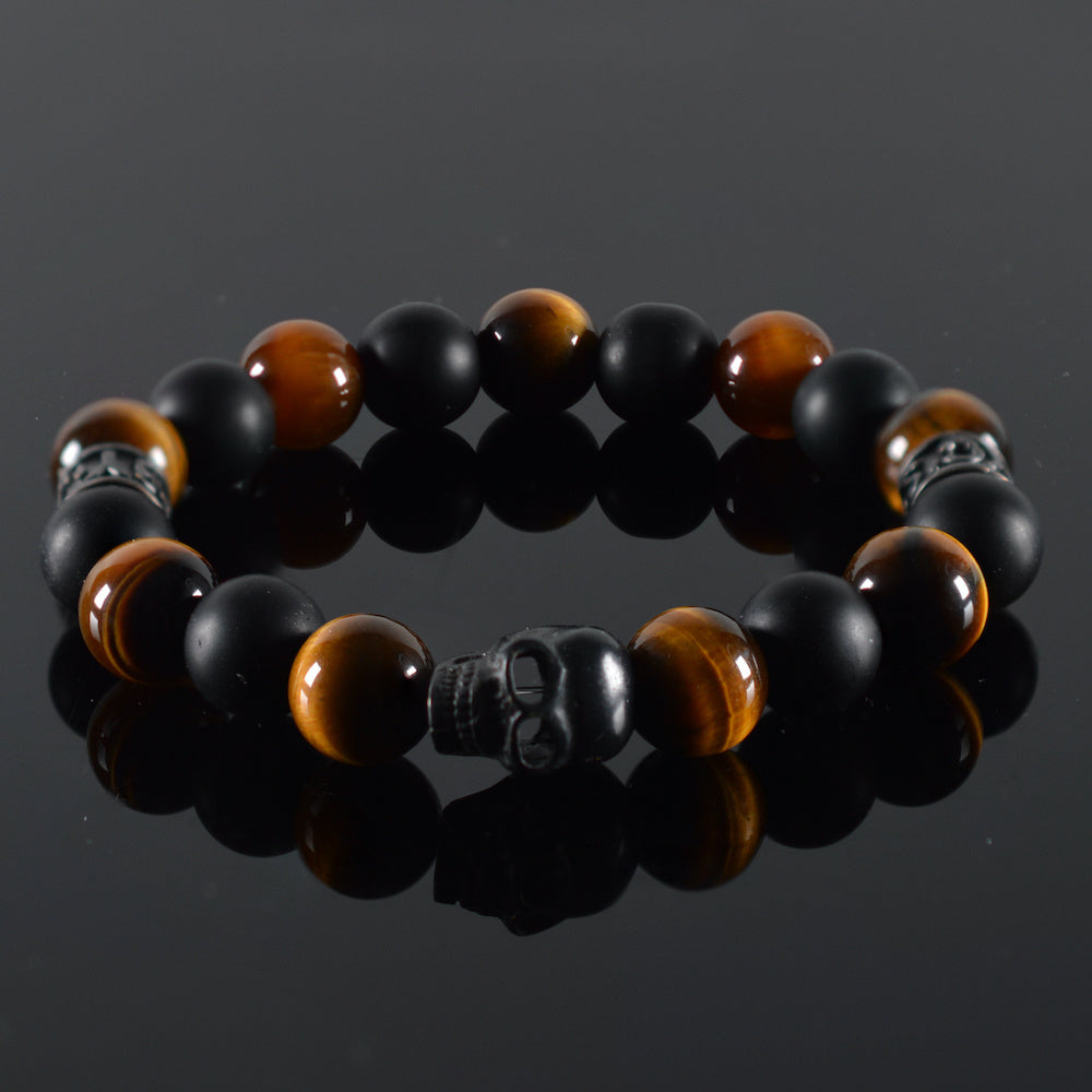  heren armband Ombre, tijgeroog, mat zwart, JayC's gunmetal black tussenstukken,  stalen zwarte Skull-Schedel 