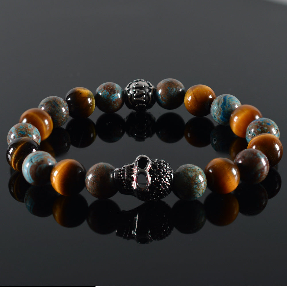   heren armband Pearl Harbor,  gemeleerd blauw chrysocolla,  tiger-eye,  stalen bedel skull 