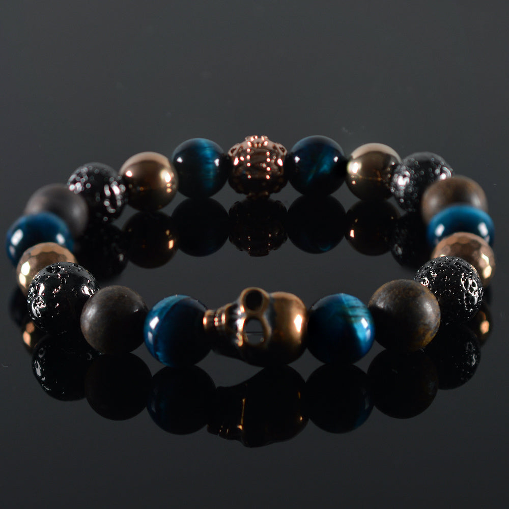 heren armband Skull, tiger-eye Blauw, mat bruin, zwart lava, bronskleur, rosekleur JayC's tussenstuk