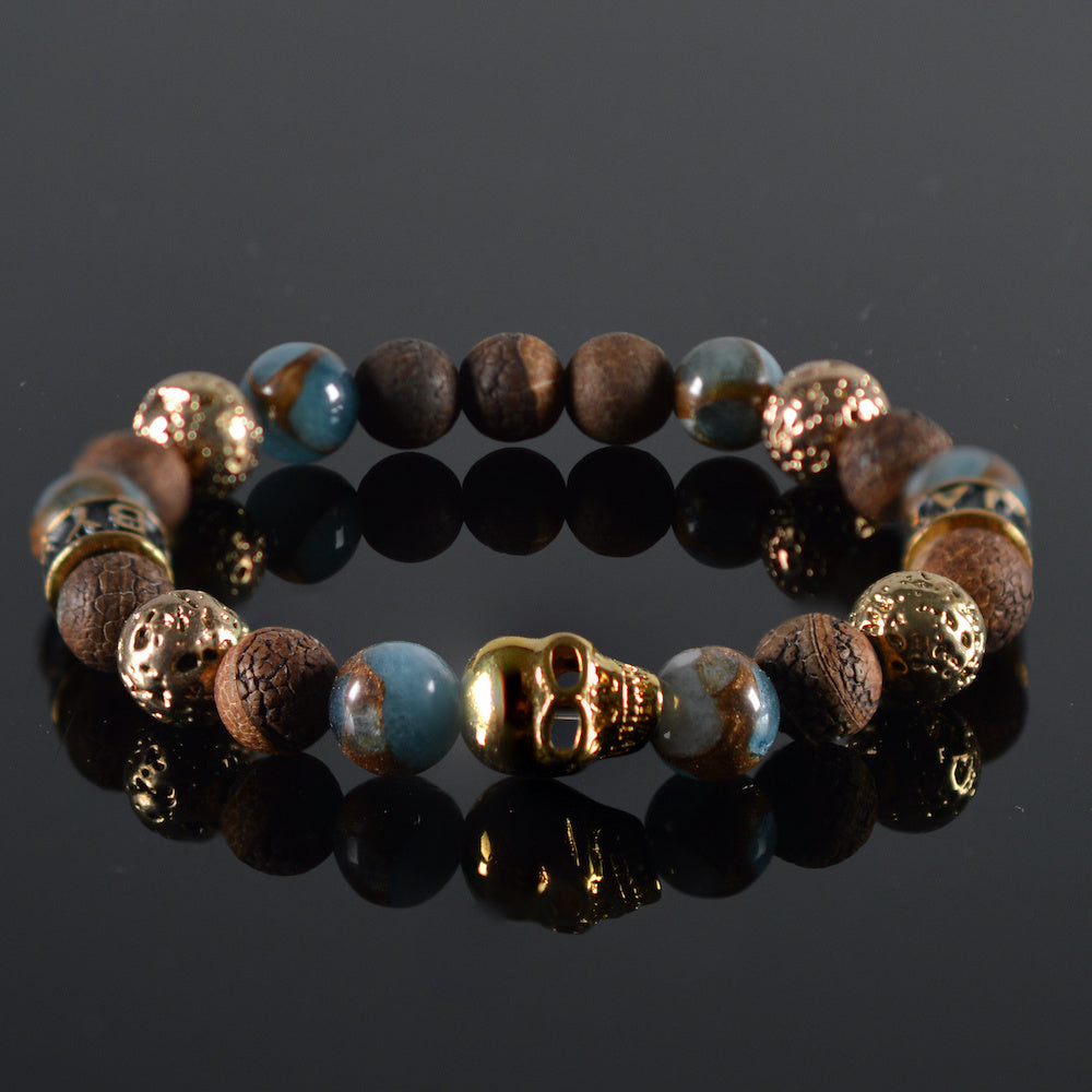 armband Ishaan, gemêleerd blauw/bruin, mat bruin, goudkleur hematiet, goudkleurige tussenstukken JayC's