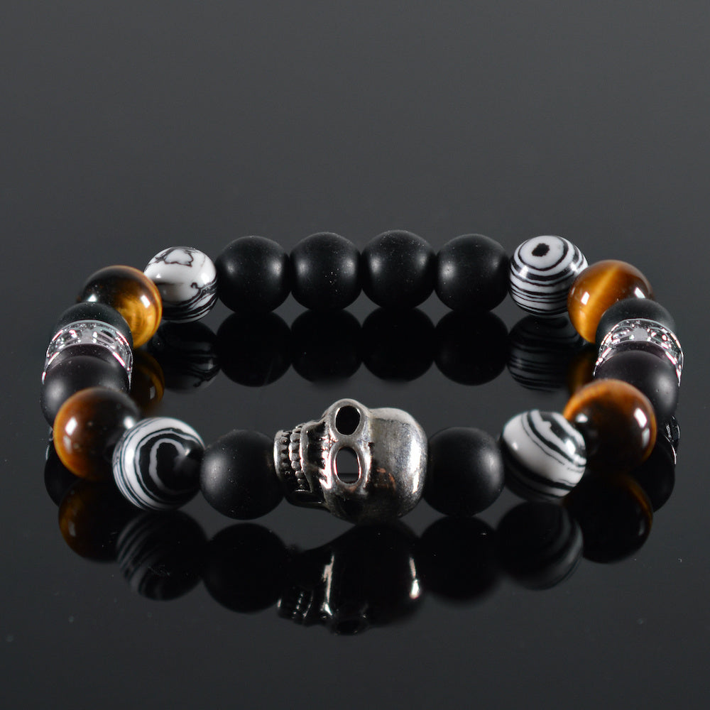 armband Pedro, mat zwart, mix zwart/wit, tiger-eye, zilverkleurige skull, zilverkleurige tussenstukken