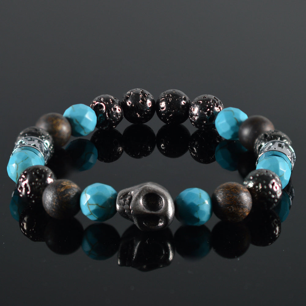 armband Yash, facet turquoise, mat bruin, donkergrijs hematiet, tussenstukken JayC's zilverkleur staal,