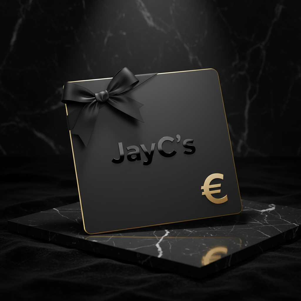 kadobon zwart vierkant met zwart strik JayC's Logo en goudkleur euroteken
