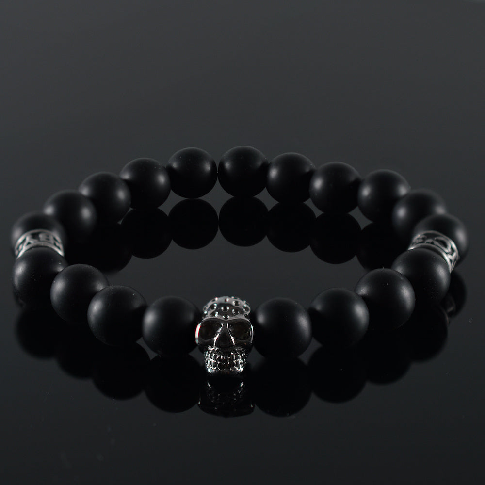 heren armband Black Invite II, mat facet agaat zwart, stalen tussenstukken JayC's stalen zwarte bedel Skull-Schedel