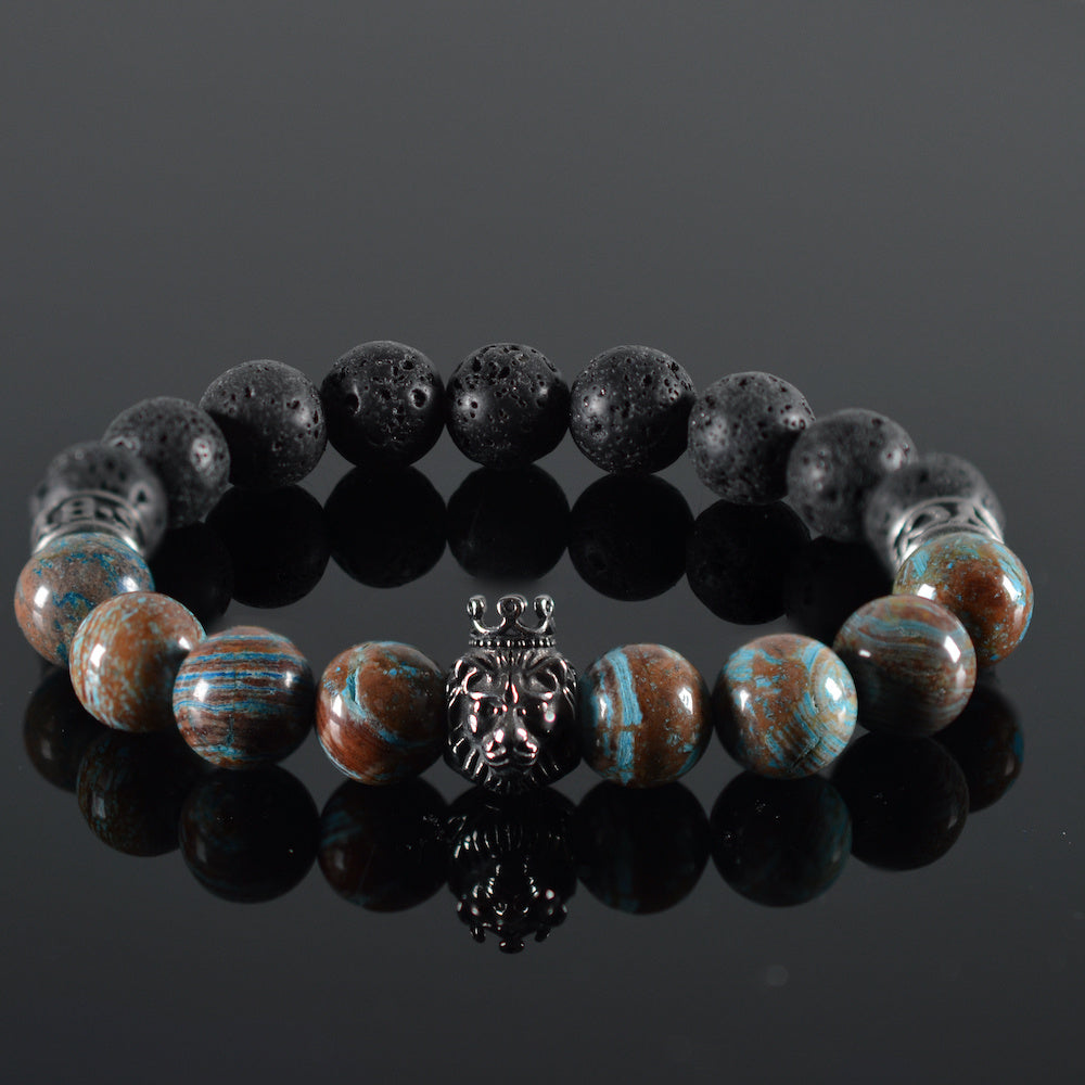   heren armband Blue Blood, gemelerd blauw, lavasteen, zilverkleur bedel lionhead-Leeuw, roestvrij staal JayC's tussenstukken 